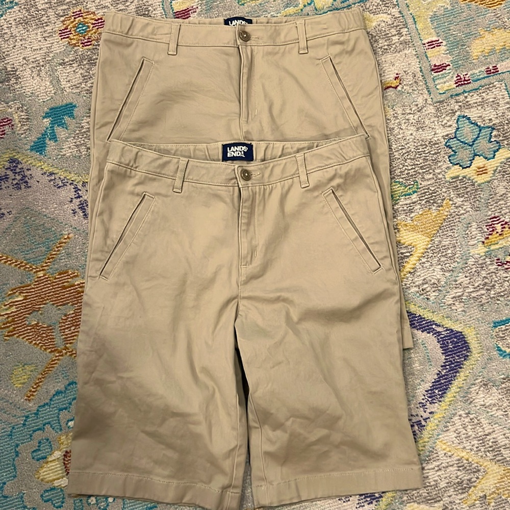 New!! Girls Stretch Chino Bermuda Shorts. Size 16 khaki. Adj waist. Lands’End